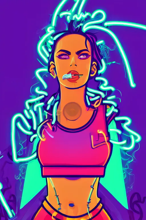 Prompt: a award winning half body portrait of a beautiful woman with stunning eyes in a croptop and cargo pants with smoking hair in rainbow colors, outlined by whirling illuminated neon lines, outrun, vaporware, shaded flat illustration, digital art, trending on artstation, highly detailed, fine detail, intricate