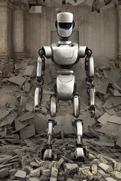 Prompt: A robot designed by DeepThinking is in a destroyed Ukraine museum after the destruction of the USSR, photorealistic render, 4K, Octane render, deep thought, hyperrealistic.