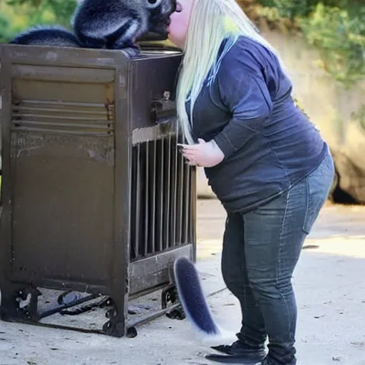 Image similar to obese ava max with dirty clothes kissing a racoon