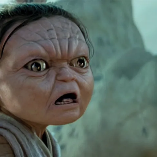 Image similar to a film still of rey skywalker when she finds out baby yoda died in star wars realistic, detailed