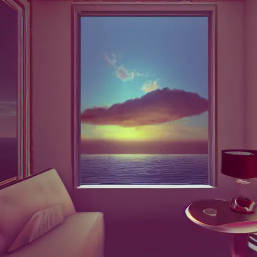 Image similar to retro photo of virtual interior, crisp, artstation, luxury, beautiful, dim painterly volumetric aquatic sunset lighting, 3 d concept art