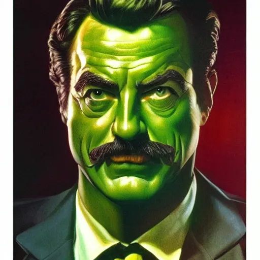 Image similar to ultra realistic head and shoulders portrait painting of tom selleck as the riddler, art by frank frazetta, 4 k, ultra realistic, highly detailed, epic lighting