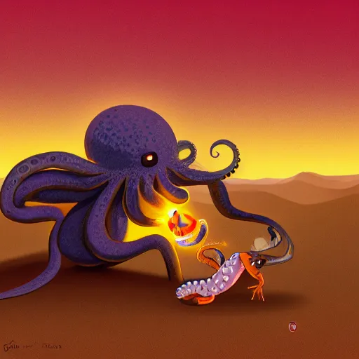 Prompt: octopus dances tango with a gecko while eating tacos in the sahara desert, digital art, trending on art station, moody, cinematic, dynamic lighting, cartoon, photoshop