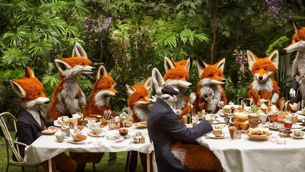 Image similar to film still from the movie chappie outdoor park plants garden scene bokeh depth of field several figures sitting down at a table having a delicious grand victorian tea party crumpets furry anthro anthropomorphic stylized fox foxes wearing suits and dresses