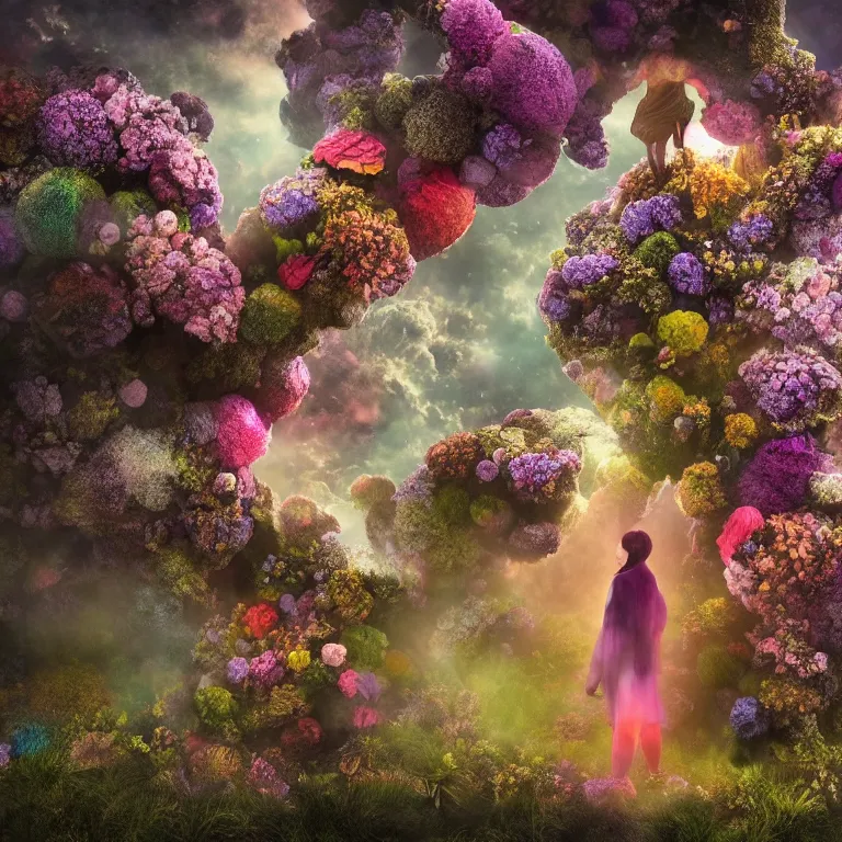 Image similar to a planet of various flowers, fungus and plants, in which the singular human figure is dressed in something magical and impressive, inside the picture is infinity, sunset light, Atmospheric phenomenon, artistic photography, muted colors, conceptual, long exposure outside the city, volumetric light