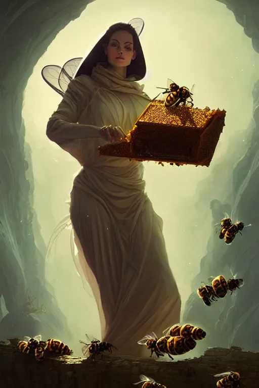 Image similar to fantasy beekeeper, stunning woman, wearing nanotech honeycomb robe, silky, surrounded by bees, cinematic, greg rutkowski, peter mohrbacher