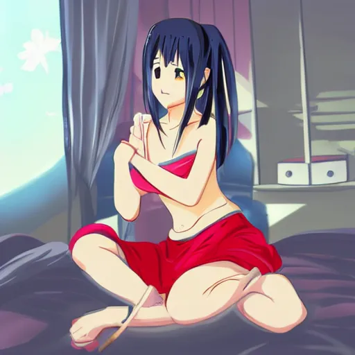 Prompt: cute asian girl sitting on bed, in the style of anime