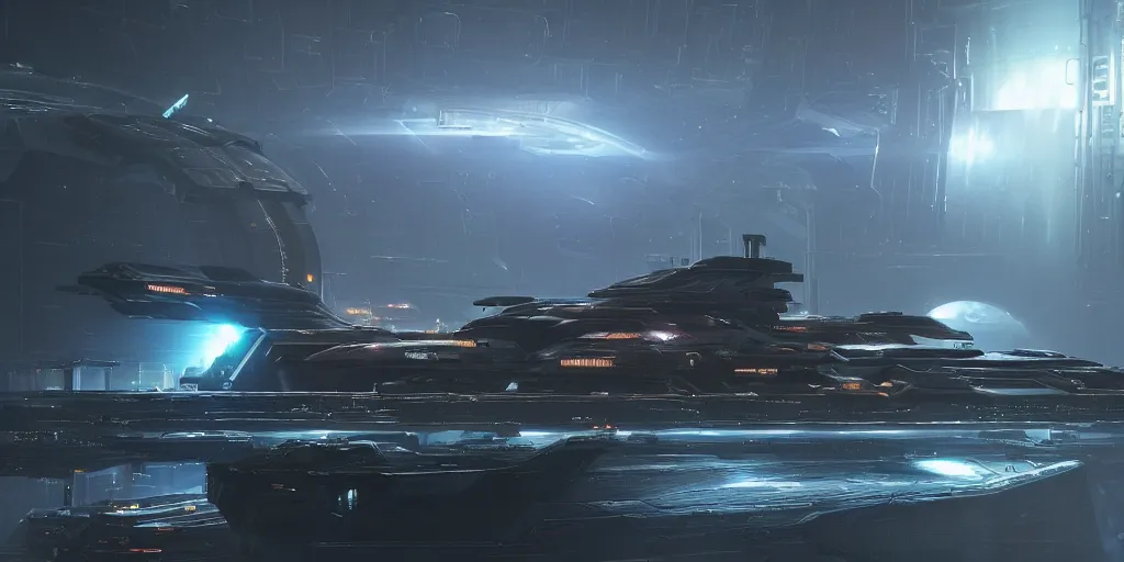 Image similar to cyberpunk cargo ship strongly resembling industrial spaceship design concept art in space, by david levy, eve online, elite dangerous, artstation, concept art, highly detailed, rule of thirds, dynamic lighting, cinematic, detailed, magnificiant landscape, denoised, octane render, 3 d, cinema 4 d