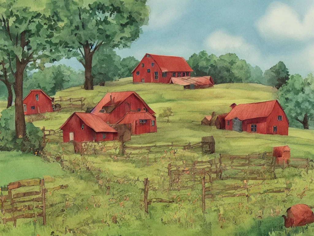 Prompt: a wonderful childrens book illustration of a farm house in the countryside, art by dan gartman, behance, aesthetically pleasing and harmonious warm natural colors