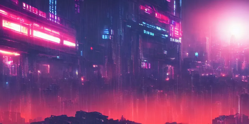 Prompt: 4k dystopian cyberpunk landscape with dark clouds in red blue and purple in a modern anime movie