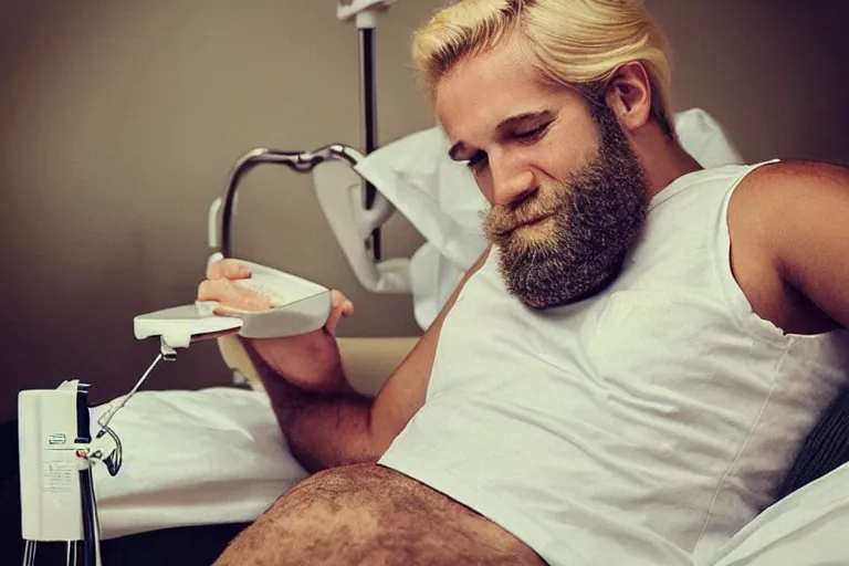 Prompt: “Blond man with big beard having happy summer vacation in Hospital bed with IV therapy stand. Drink in hand. Beautiful women around him. In the style of retro advertising. Colofur. Detailed.”