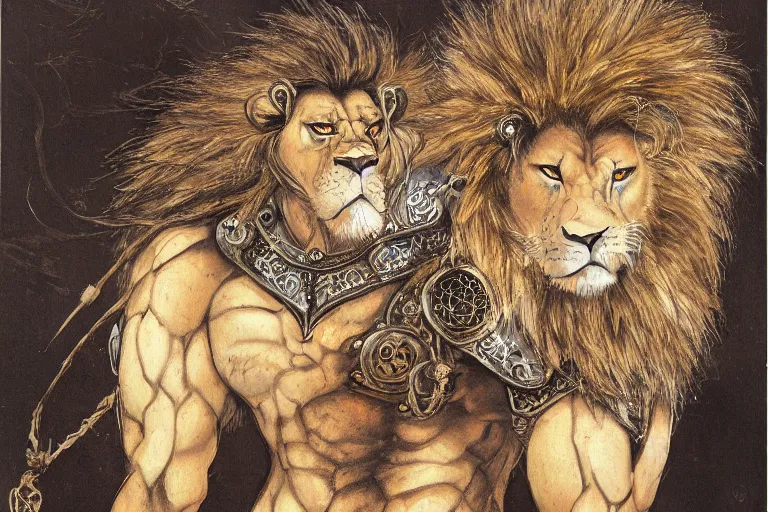 Image similar to 8k Yoshitaka Amano painting of upper body of a young cool looking lion beast-man at a medieval market at windy day. White mane, Depth of field. He is wearing complex fantasy armors. He has huge paws. Renaissance style lighting.