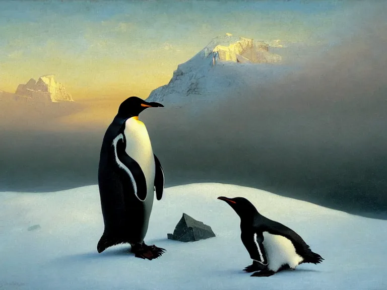 Image similar to an oil painting of a penguin next to a frozen ocean and a misty glacier at dawn. by tuomas korpi moebius and carl spitzweg. baroque elements. intricate artwork by caravaggio. oil painting. oil on canvas. award winning. dramatic. trending on artstation. 8 k