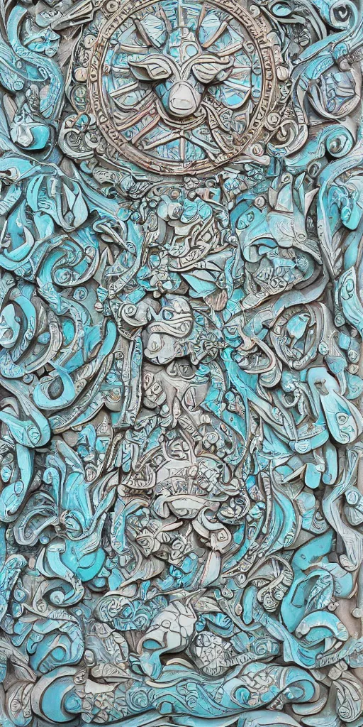 Image similar to intricate colourfully painted carved Soapstone relief paneling, white and pale blue , celestial, pig, piglet, piggy, pig goddess, mother earth, Earth Goddess mythology, Gaia, angels, divinity, Ghostly, crystaline celtic, insanly detailed , artstation, wallpaper, hyper realistic, realistic lighting