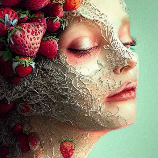 Image similar to the portrait of an absurdly beautiful, graceful, elegant, sophisticated, fashionable woman made of strawberries and white petals looking down, an ultrafine hyperdetailed illustration by kim jung gi, irakli nadar, intricate linework, bright colors, octopath traveler, final fantasy, unreal engine 5 highly rendered, global illumination, radiant light, detailed and intricate environment