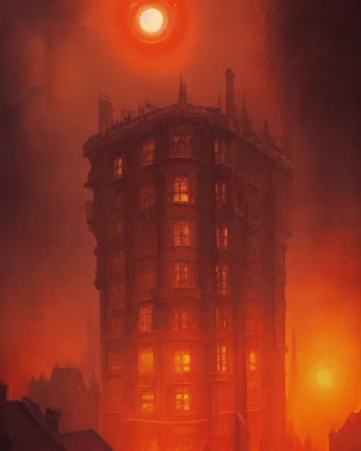 Image similar to A Towering Victorian House of The Void with big orange eyeballs staring out from the windows, Red and Orange colored, Lovecraftian, 4k, masterpiece, cinematic, glowing, by Greg Rutkowski, Trending on Artstation, Behance. Polished, Volumetric Lighting