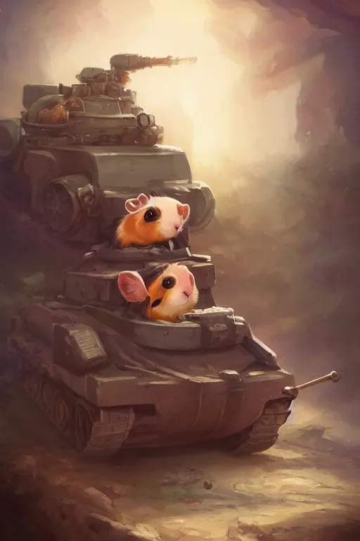 Image similar to cute little anthropomorphic Guinea Pig driving a tank, tiny, small, short, American tanker outfit, cute and adorable, pretty, beautiful, DnD character art portrait, matte fantasy painting, DeviantArt Artstation, by Jason Felix by Steve Argyle by Tyler Jacobson by Peter Mohrbacher, cinematic lighting