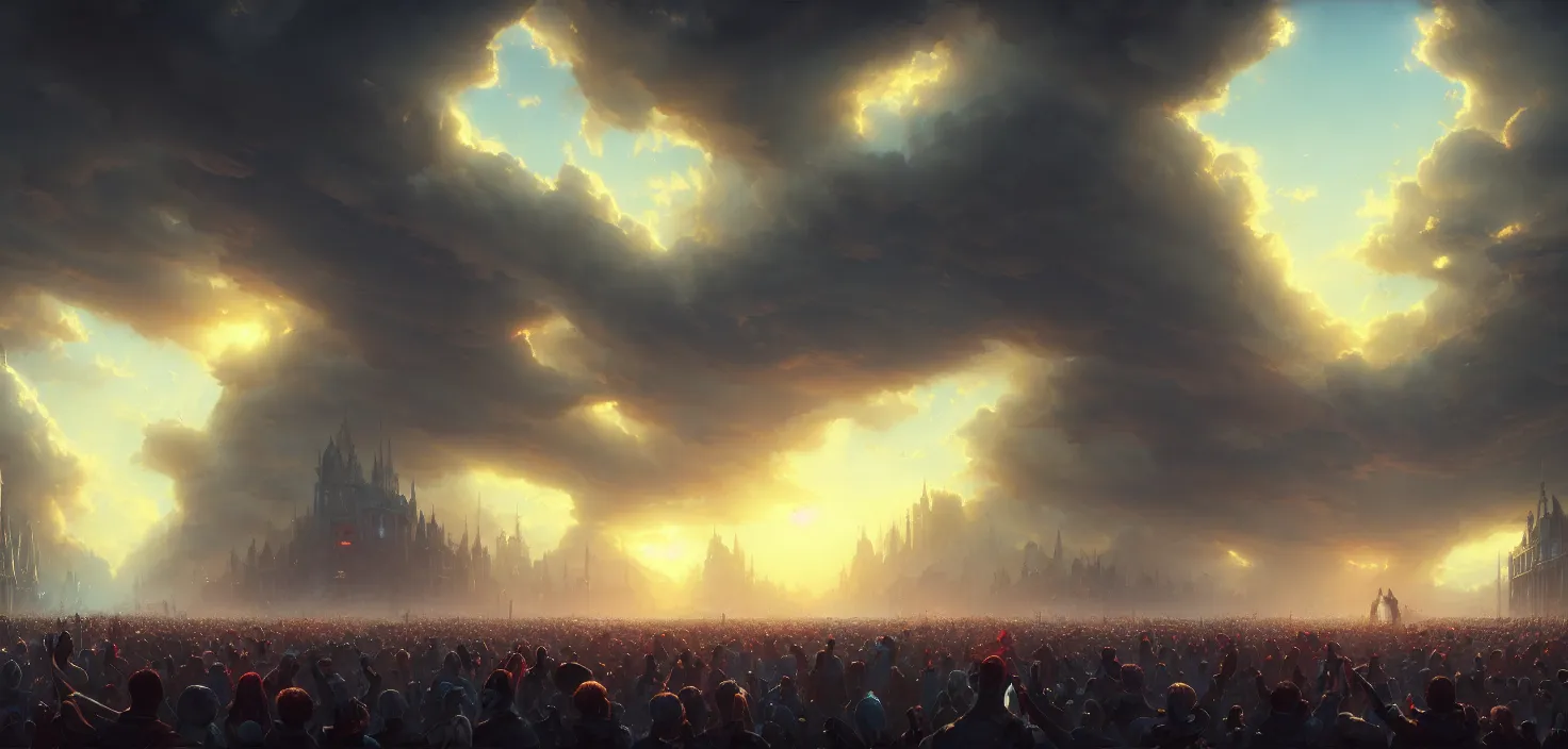 Image similar to painting of a crowd with raised arms pointing toward, cinematic view, epic sky, detailed, concept art, low angle, high detail, warm lighting, volumetric, godrays, vivid, beautiful, trending on artstation, by jordan grimmer, huge scene, art greg rutkowski
