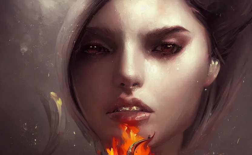 Image similar to a painting of jasmine trending on artstation in the style of greg rutkowski, beautiful, sensual, flower, portrait, adorable, alter, hell, fire hair, fire