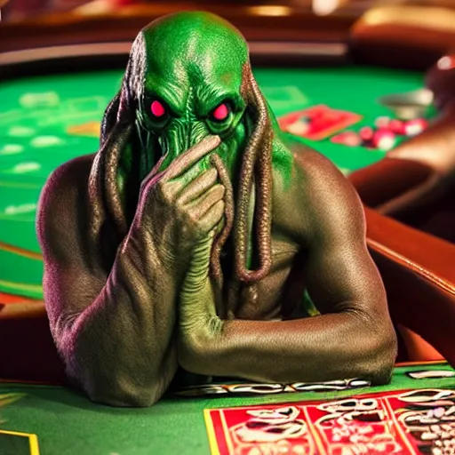 Image similar to photo of cthulhu angry for losing in a casino, realistic, highly - detailed, sharp focus, award - winning