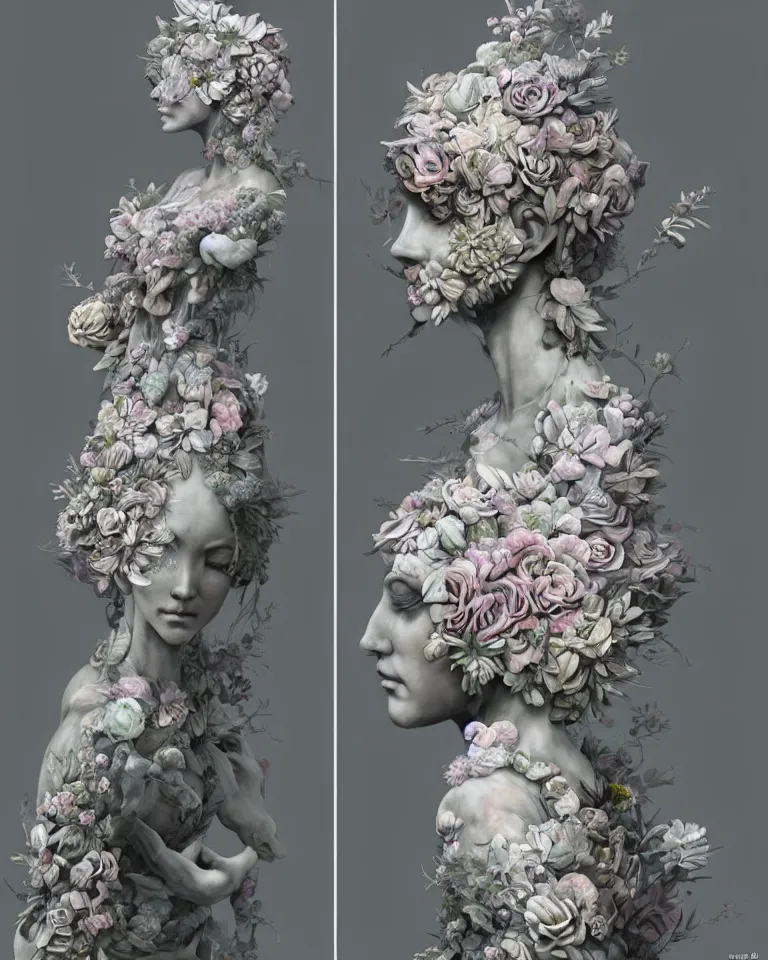 Image similar to a marble statue made of flowers made of mist, Andrew Ferez, Charlie Bowater, Marco Mazzoni, Seb McKinnon, Ryohei Hase, trending on cgsociety, featured on zbrush central, new sculpture, mystical