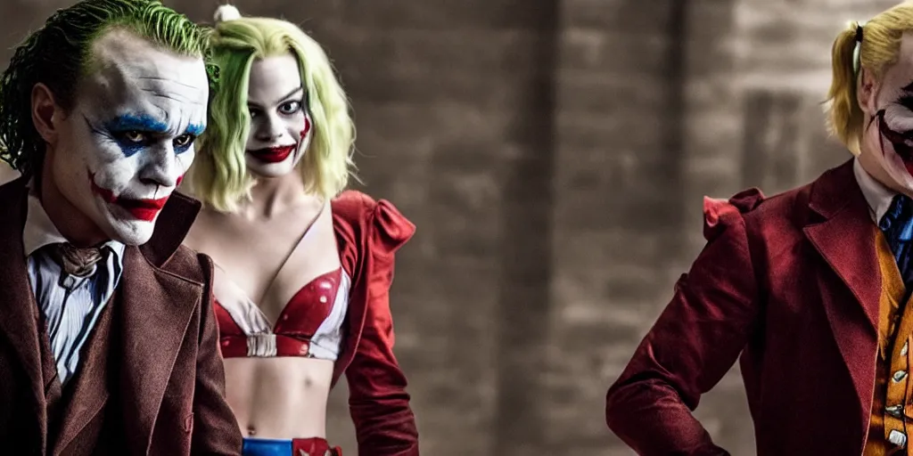 Image similar to heath ledger as the joker and margot robbie as harley quinn, posing shot, cinematic, ultra realistic, low lighting