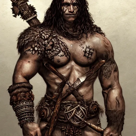 Image similar to Barbarian Warrior , body covered in war tattoos and wicca runes , D&D, fantasy, highly detailed, digital art, trending on artstation, smooth, sharp focus, illustration, art by mike hoffman