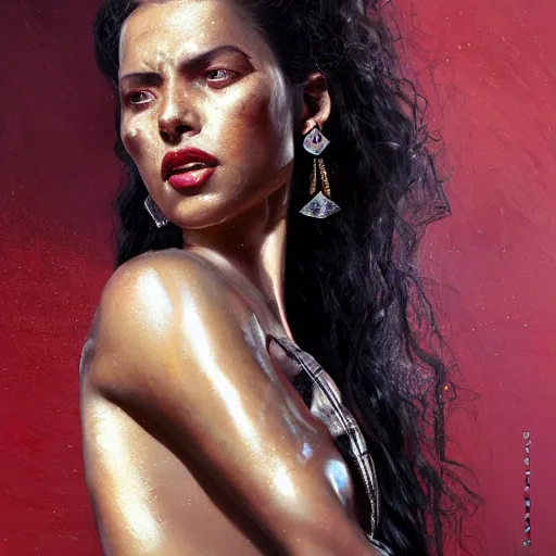 Prompt: detailed oil portrait of tall hyper - muscular shining bronze - skinned warrior woman with silver eyes, with long wavy flowing black hair and big gold earrings, jewelry, red lipstick, makeup, feminine, volumetric lighting, dynamic composition, art by sachin teng and sergey kolesov and ruan jia and heng z, scifi, concept art