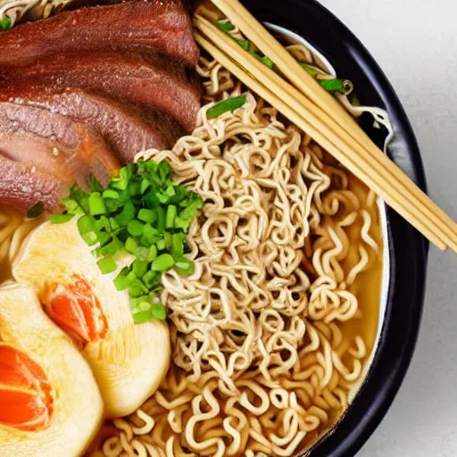 Image similar to a close up cookbook illustration of a bowl of ramen noodles