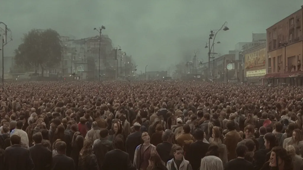 Prompt: movie still of a crowd saying good morning, cinematic composition, cinematic light, by edgar wright and david lynch