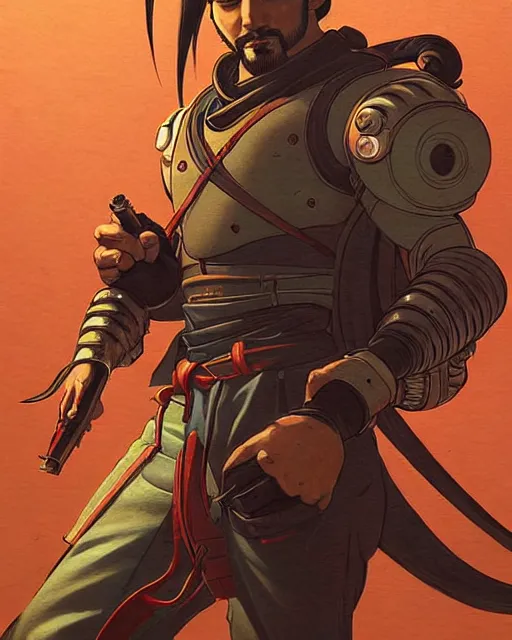 Prompt: hanzo from overwatch, character portrait, portrait, close up, concept art, intricate details, highly detailed, vintage sci - fi poster, retro future, vintage sci - fi art, in the style of chris foss, rodger dean, moebius, michael whelan, katsuhiro otomo, and gustave dore