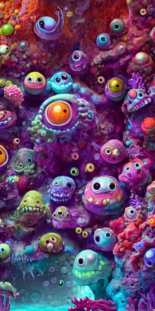 Image similar to of a colorful deep sea cave with strange cute friendly happy creatures with huge eyes, mouth, long tongue and round teeth appearing from sandy coral, in the style of gehry and gaudi, macro lens, shallow depth of field, ultra detailed, digital painting, trending artstation, concept art, illustration, cinematic lighting, photorealism, epic, octane render