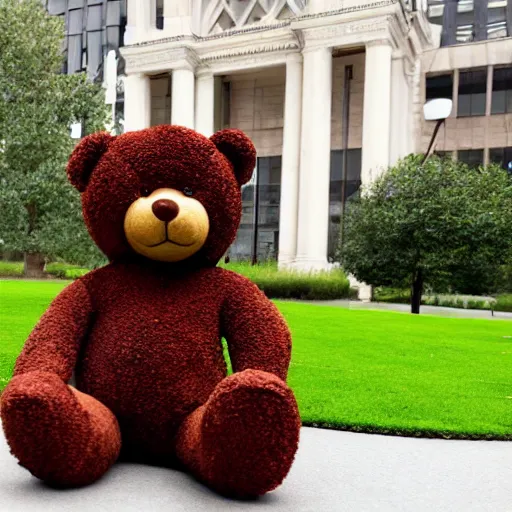 Prompt: a photo of front hedges trimmed in the shape of a teddy bear in front of the great library