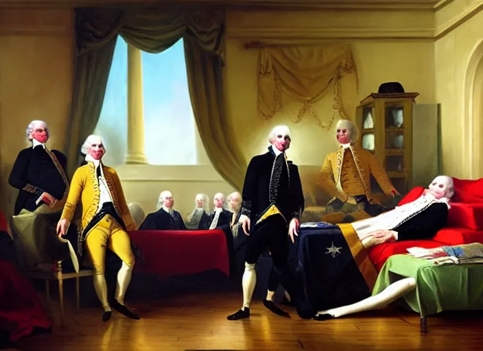 Prompt: oil painting Life of George Washington Deathbed but everyone is looking at glowing iPhones