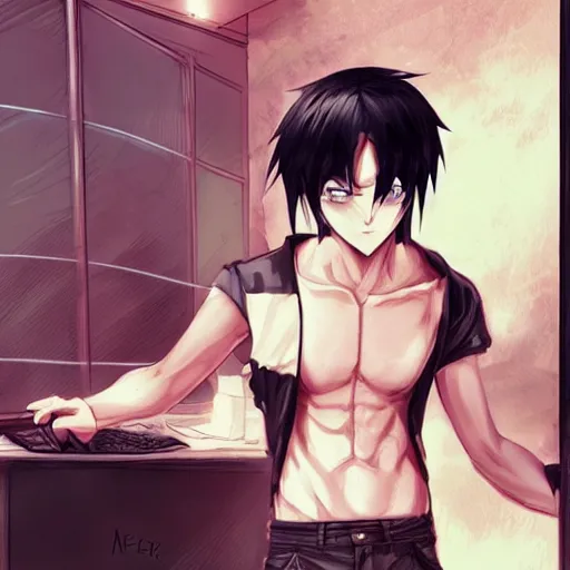 Prompt: aloof anime man with black emo hair wearing baggy shorts, standing in dean's office, smug grin, smug expression, punchable expression, punchable face, he's a jerk, sharp details, subsurface scattering, intricate details, art by artgerm, anime, anime hd wallpaper, 2 0 1 9 anime screenshot