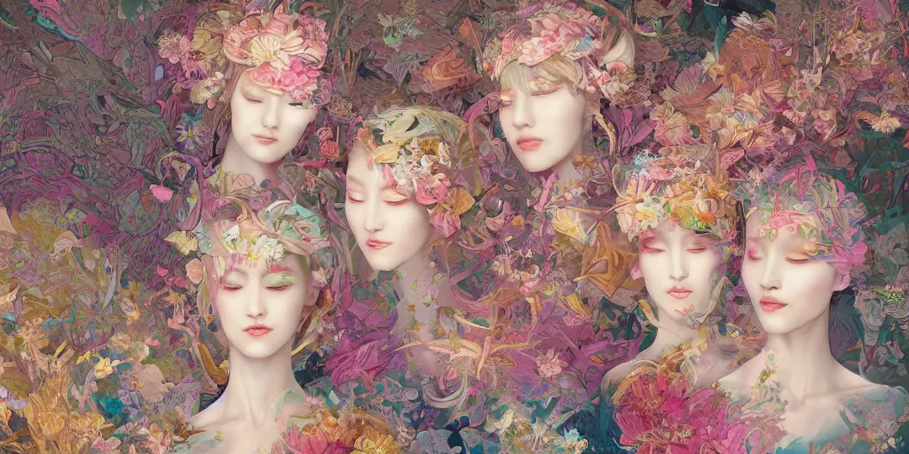 Image similar to breathtaking detailed concept art painting kaleidoscope art deco pattern of blonde faces goddesses amalmation flowers, by hsiao - ron cheng, bizarre compositions, exquisite detail, extremely moody lighting, 8 k