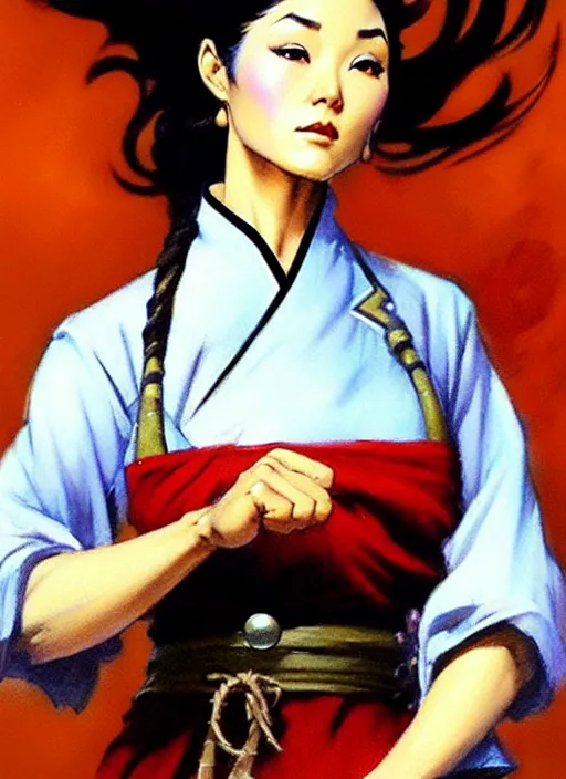 Image similar to magic : the gathering fantasy character concept art by frank frazetta and marco bucci, high resolution. a clear portrait of a stunning female south korean chef, wearing a beautiful hanbok apron, holding a kitchen knife, radiating powerful energy in the background, fantasy coloring, intricate, digital painting, artstation, smooth, sharp focus