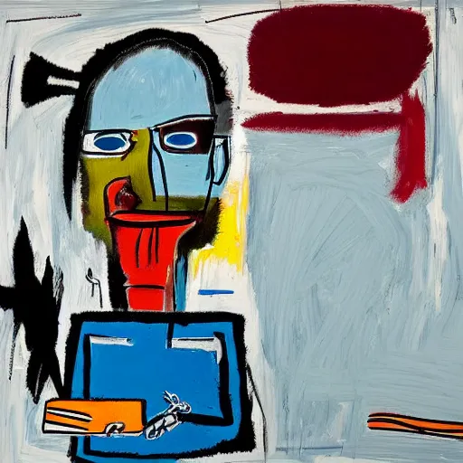Image similar to It's morning. Sunlight is pouring through the window bathing the face of a man enjoying a hot cup of coffee. A new day has dawned bringing with it new hopes and aspirations. Painting by Basquiat, 1981