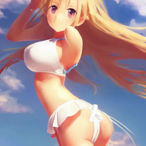 Image similar to a very beautiful young yuuki asuna, full body, long wavy blond hair, sky blue eyes, full round face,, bikini, miniskirt, front view, mid - shot, highly detailed, cinematic wallpaper by stanley artgerm lau