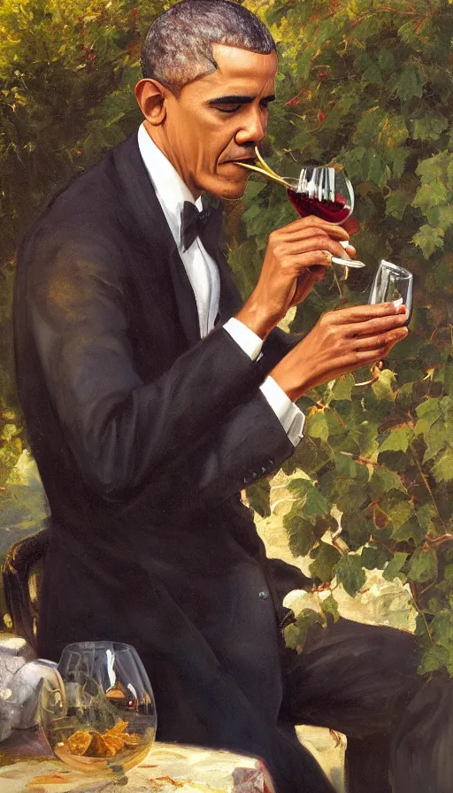 Image similar to still life painting of Obama drinking wine in a garden by Peder Krøyer, golden hour, dramatic lighting, intricate detail, canvas print