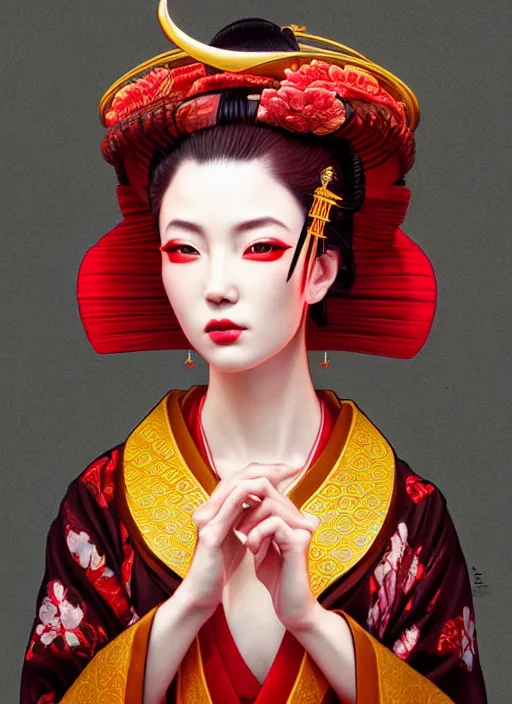 Image similar to dreamlike luxury stunning oiran portrait, red and gold kimono, art by artgerm, wlop, loish, ilya kuvshinov, 8 k realistic, hyperdetailed, beautiful lighting, detailed background, depth of field, symmetrical face, frostbite 3 engine, cryengine,