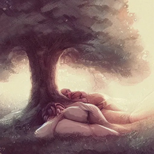 Prompt: portrait of a couple sleeping under a large tree, heavy rain, high fantasy, travellers, dense forest, digital illustration, illustration, artstatiin, somber, muted colors, intricate, artstyle by artgerm