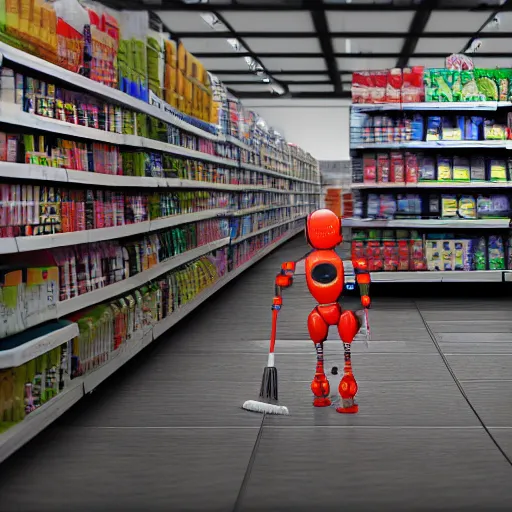 Image similar to robot forces human to clean up aisle at walmart digital art, 3 d high definition, trending on artstation, photorealistic, high resolution, 8 k, octane,, sharp focus, photography, unreal engine