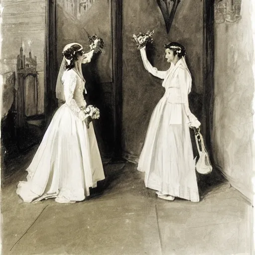 Image similar to two young edwardian women getting married in a church, in the style of Anders Zorn