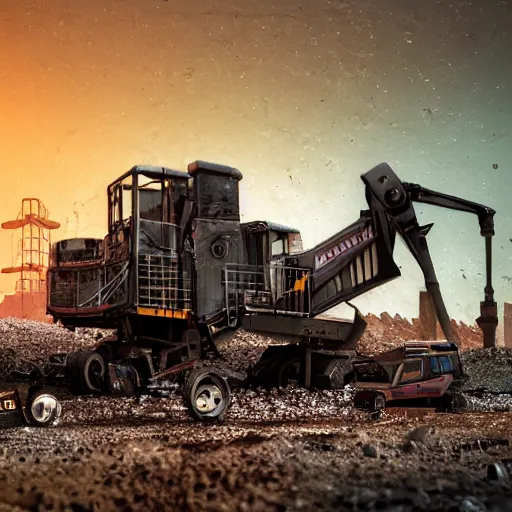 Image similar to giant scary treaded mining automated machine with drill, mining scrap metal, highly detailed body, retro, industrial, dark, dystopian, apocalyptic, clean, in the style of simon stalenhag, 8 5 mm f / 1. 4