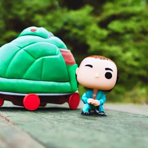 Image similar to funko pop wearing green shirt riding a giant turtle