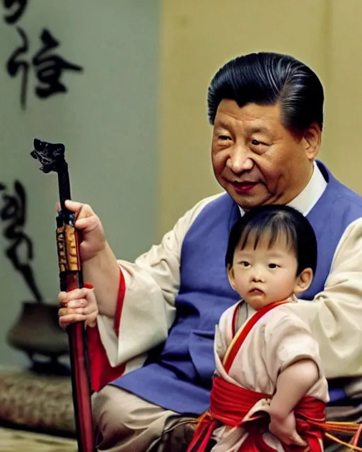 Image similar to Xi Jinping as Ronin Ogami Ittō in Lone Wolf and Cub and a Toddler sized Vladimir Puttin as Daigorō, Xi Jinping is Holding a Samurai Sword, photorealistic, Cinematic, Japanese