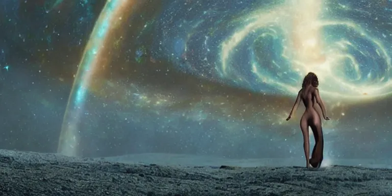 Image similar to film still of unrealistically curvy zendaya, focus on facial - detail!!!!!!, walking on the bifrost, toward an endless abyss in space, wearing a flowy bikini inspired by ancient roman clothing, beautiful astronomical background with galaxies and nebulas, lack of sunlight, 8 k resolution, cinematic lighting, anatomically correct, by christopher nolan