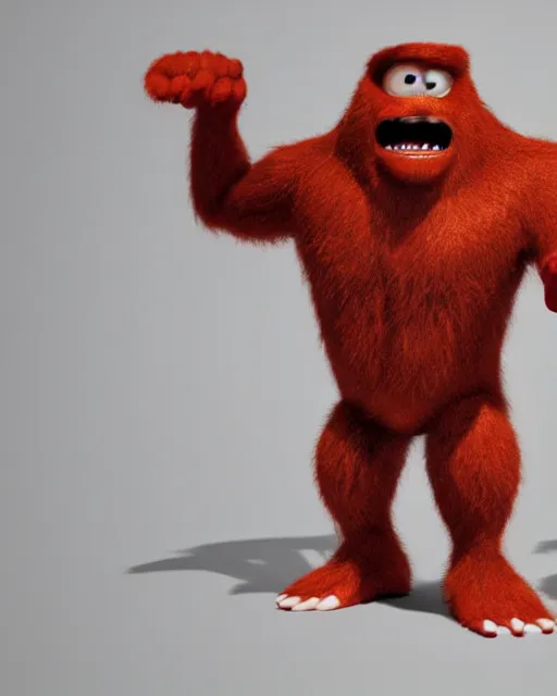 Image similar to 3 d render of completely red hairy friendly antropomorphic robust cartoony creature wearing chrome shades, without nose, full body, in the style of pixar, simple, cute, white background, unreal engine 5, octane render, highly detailed hdr