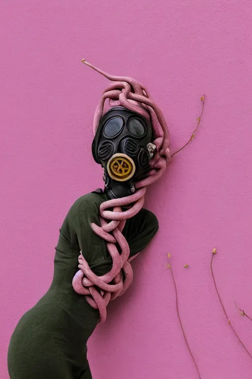 Image similar to a surreal portrait of intertwined and contorted figures wearing gas mask next to a pink wall in the style of brooke didonato, editorial fashion photography from vogue magazine, full shot, nikon d 8 1 0, ƒ / 2. 5, focal length : 8 5. 0 mm, exposure time : 1 / 8 0 0, iso : 2 0 0